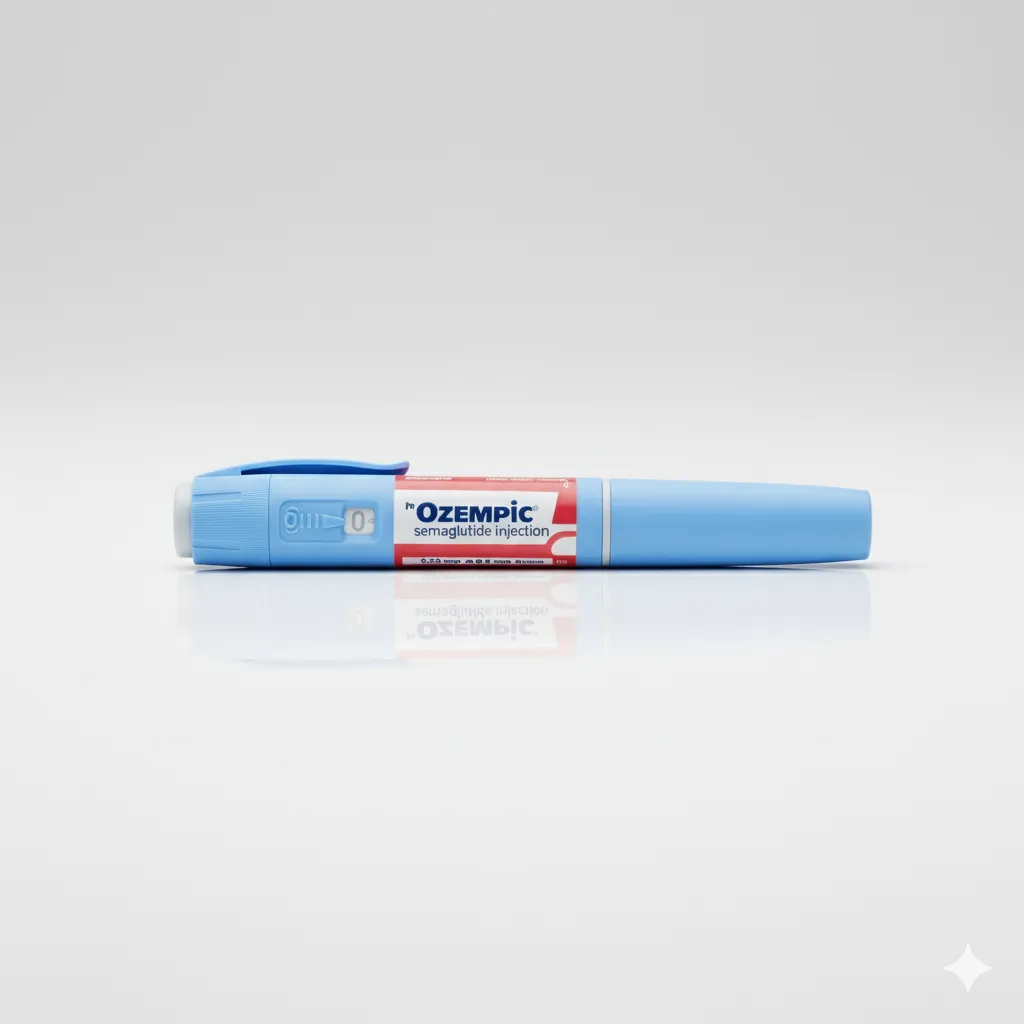 Blauwe Ozempic-injectiepen met rood etiket ligt op een lichtgrijze ondergrond