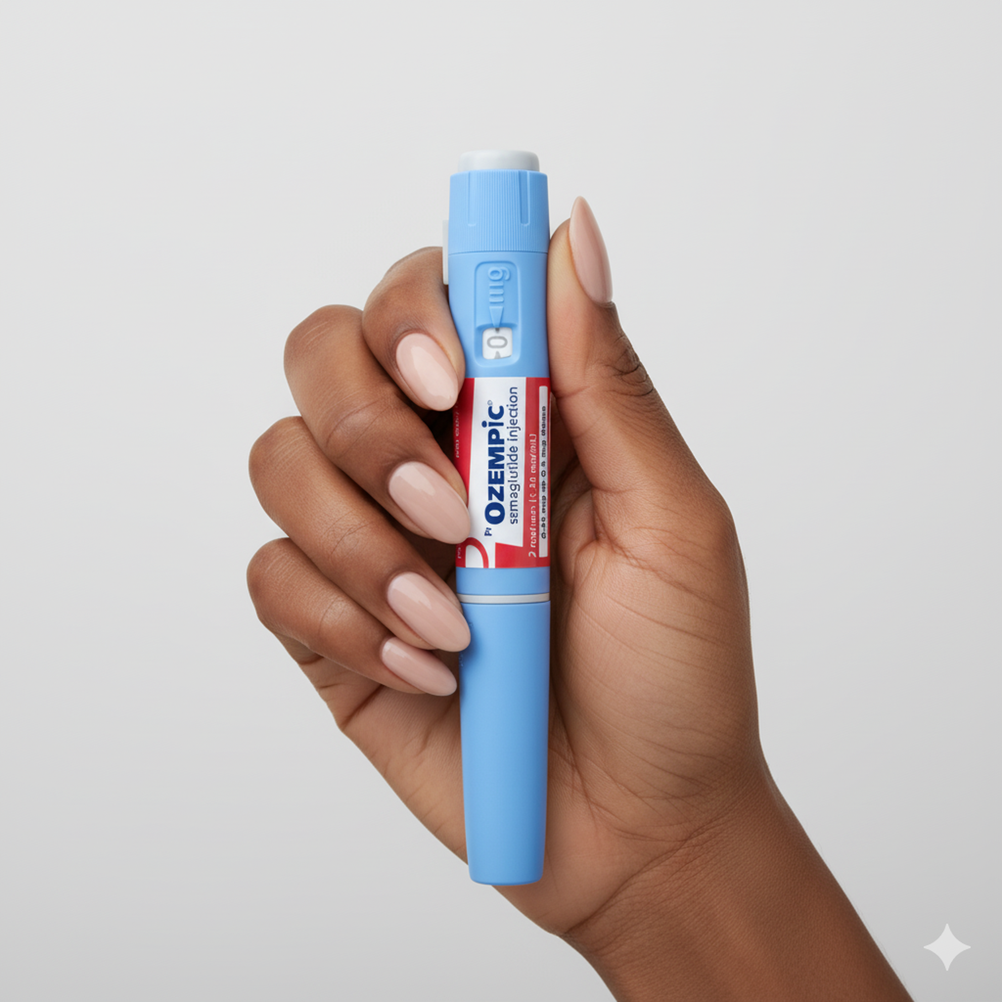Hand houdt een blauwe Ozempic-injectiepen met semaglutide vast tegen een lichtgrijze achtergrond