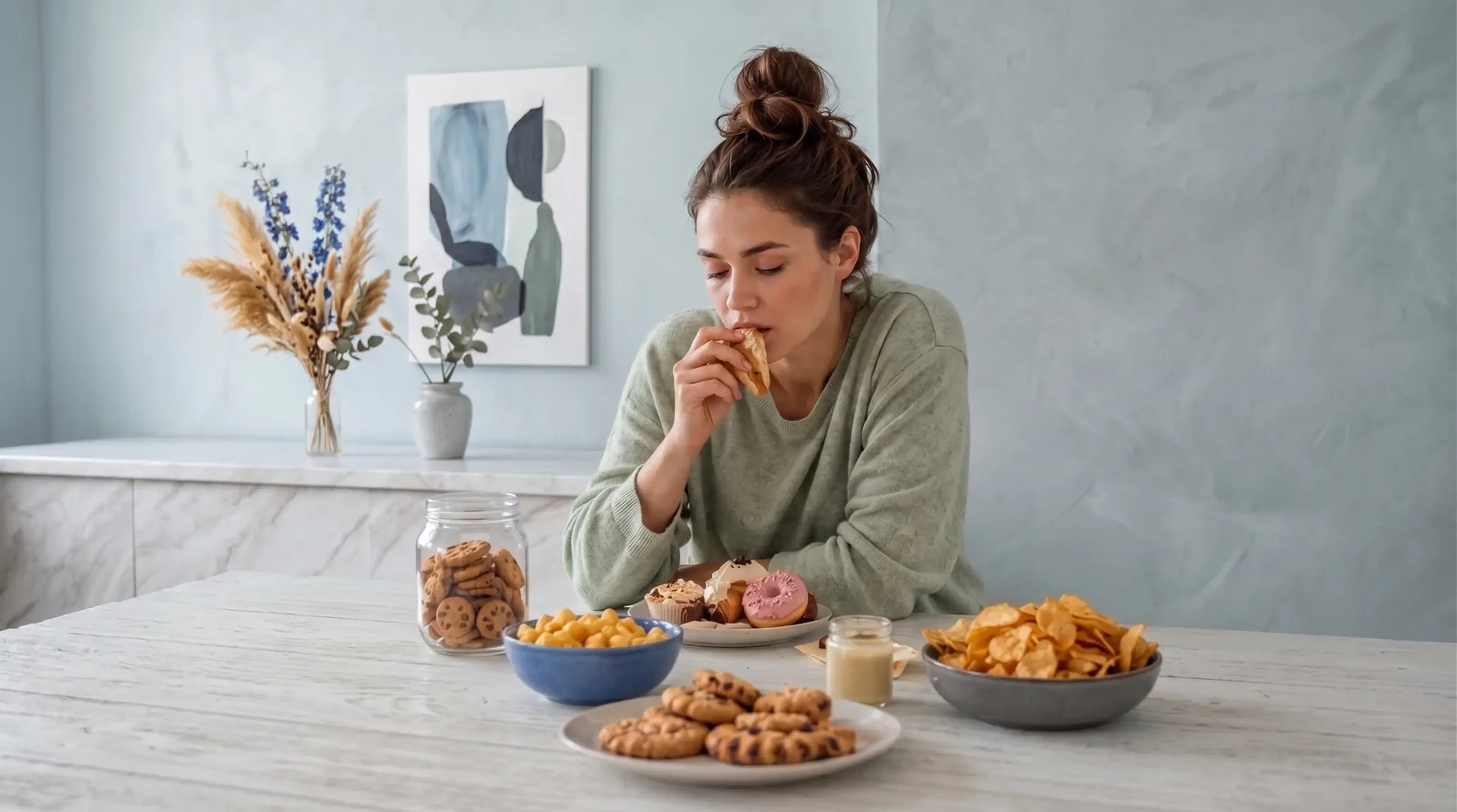 Vrouw met lange vlechten zit onderuitgezakt in een rieten stoel bij het raam, haar hoofd rustend op haar hand.