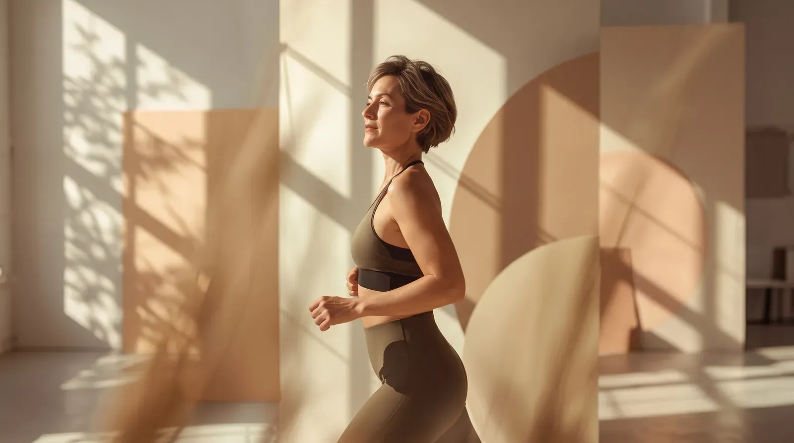 Vrouw in sportkleding loopt door een zonnige kamer