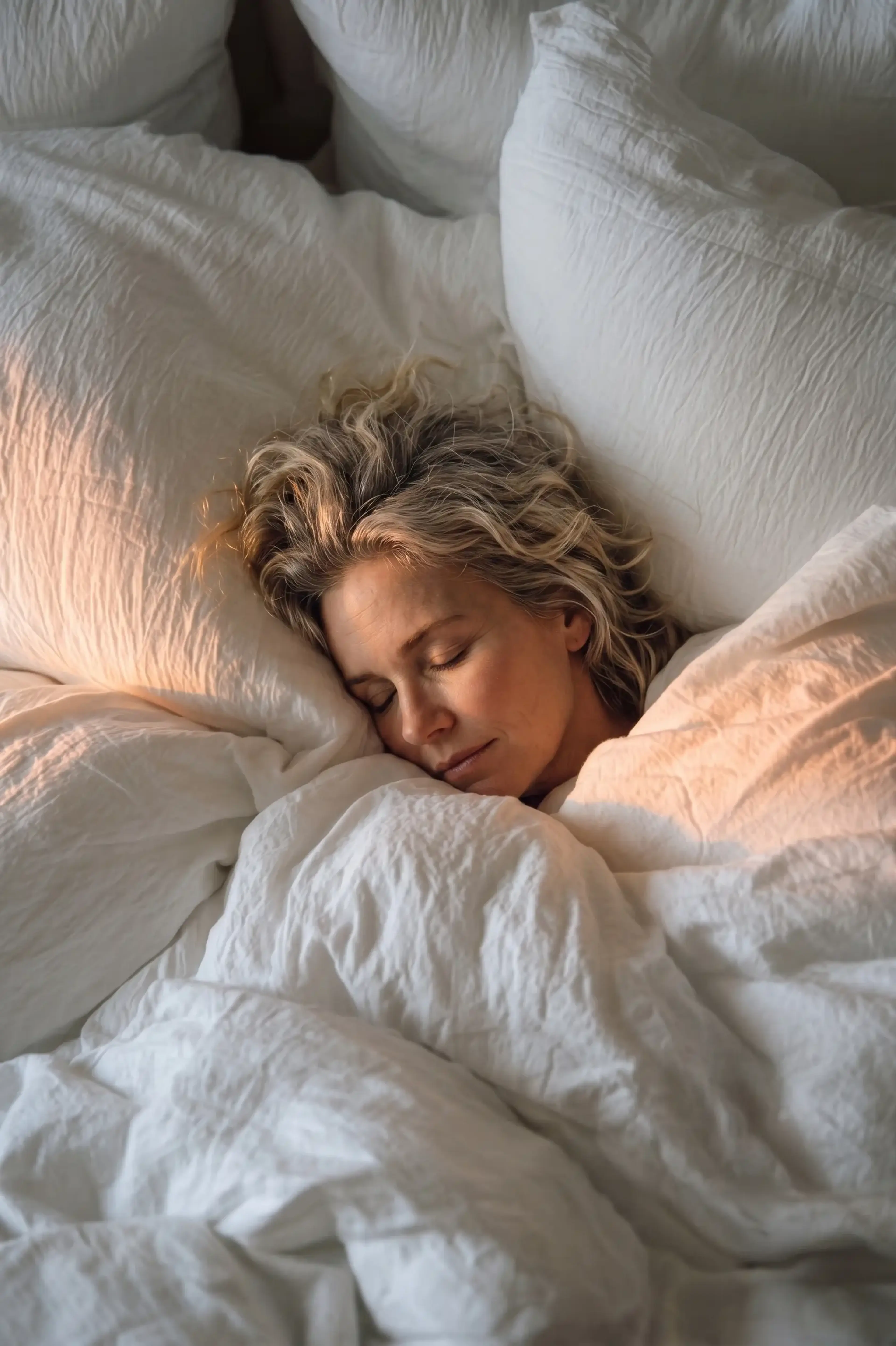Vrouw slaapt rustig op haar zij tussen zachte witte dekbedden en kussens in een licht bed.