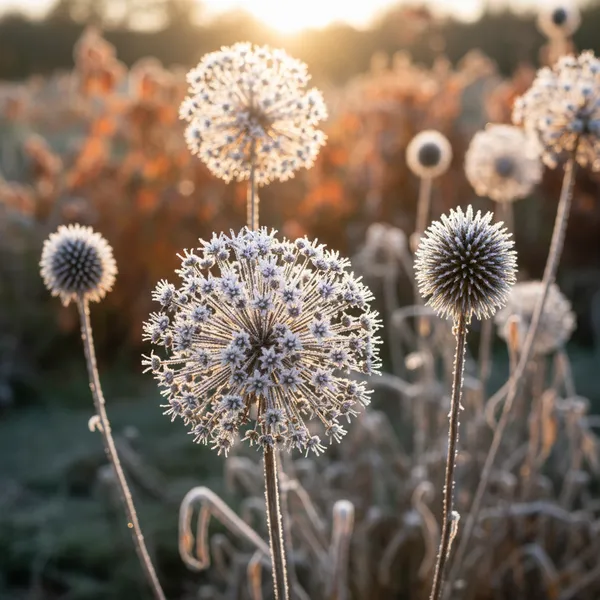 Autumn seed heads of Echinacea and ornamental grasses catching backlight in a designed garden border