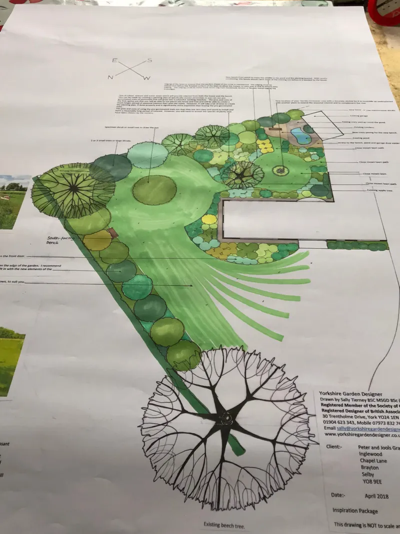 A hand-drawn garden planting plan by Sally Tierney showing detailed plant placement