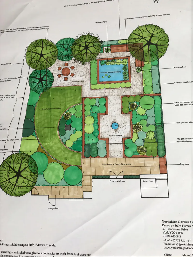 A hand-drawn colour garden design plan by Sally Tierney