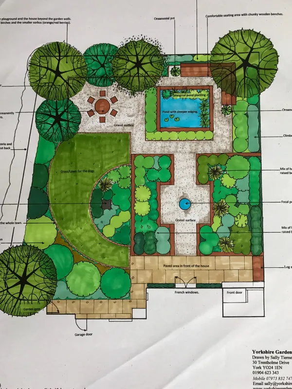 A contemporary garden with lawn and planting in Collingham