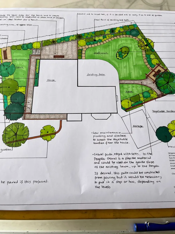 A walled courtyard garden in York with structured hedging and climbing plants