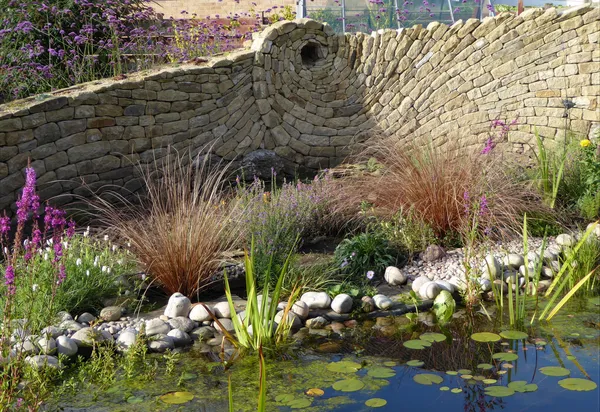 A curved dry stone wall behind a wildlife pond edged with cobbles, grasses and pink flowers