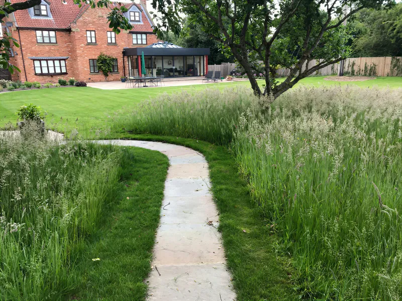A path through a lawn with deep borders and a house beyond