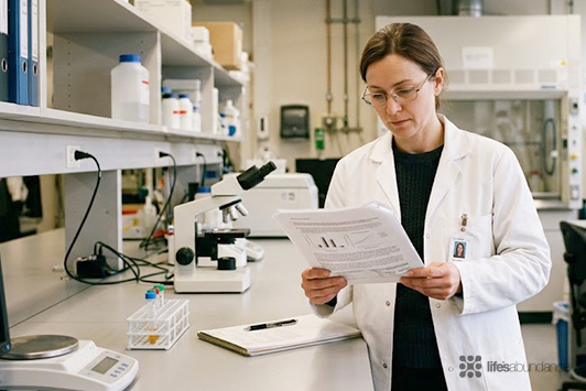 Scientist reading a printed cat food heavy metals report in a laboratory
