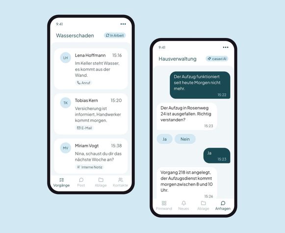 casavi Ansicht: Vorgangs-Thread und WhatsApp, zwei Telefone