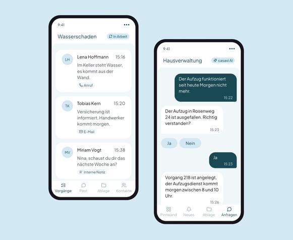 casavi Ansicht: Vorgangs-Thread und WhatsApp, zwei Telefone