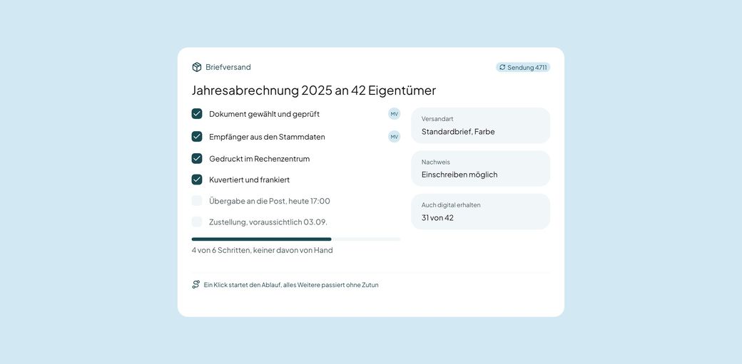 casavi Ansicht: Briefversand, vier von sechs Schritten erledigt