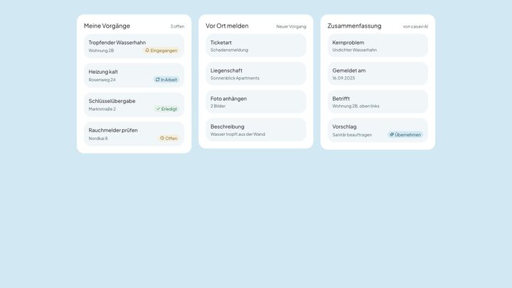 casavi Ansicht: Manager-App, drei Schirme