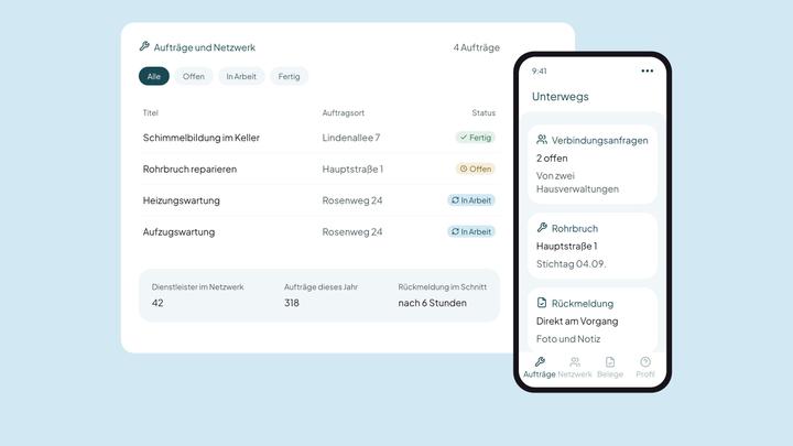 casavi Ansicht: Auftragsliste mit Status, daneben die Dienstleister-App