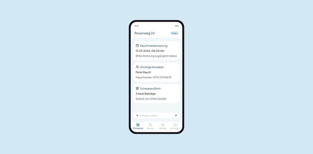 casavi Kunden App auf dem Telefon: Pinnwand, Termine und Kontakte