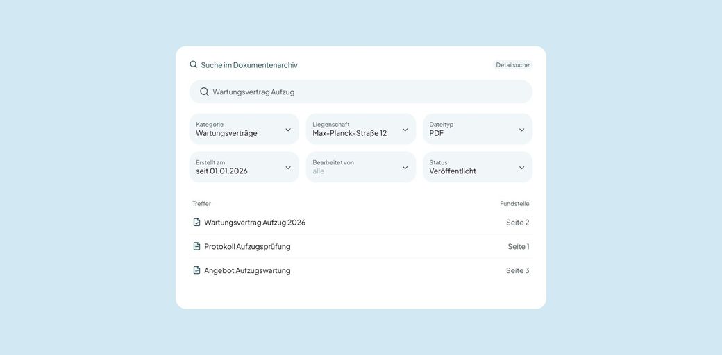 casavi DMS: Suche im Dokumentenarchiv mit Filtern und Treffern
