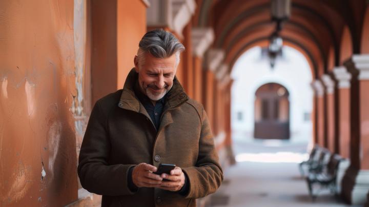 Uomo sorridente sotto i portici legge un messaggio sullo smartphone