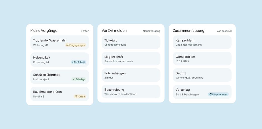casavi Manager App: Meine Vorgaenge, Vor Ort melden und Zusammenfassung