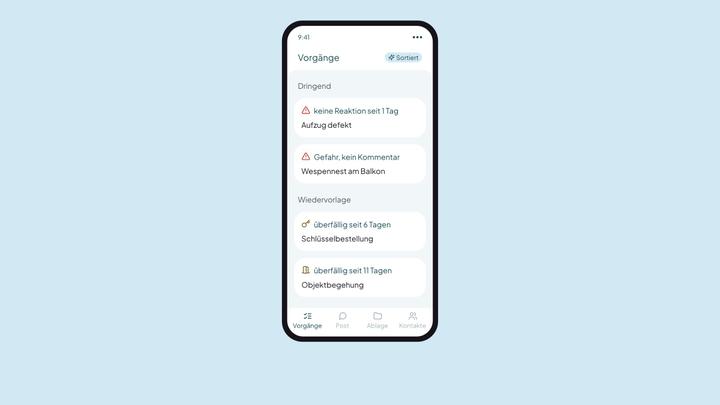casavi Ansicht: sortierte Vorgangsliste auf dem Telefon