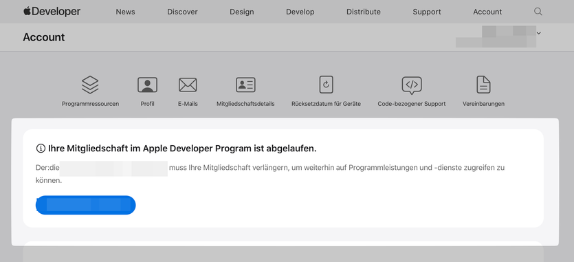 Apple Developer Account: Startseite mit Hinweis zur Mitgliedschaft