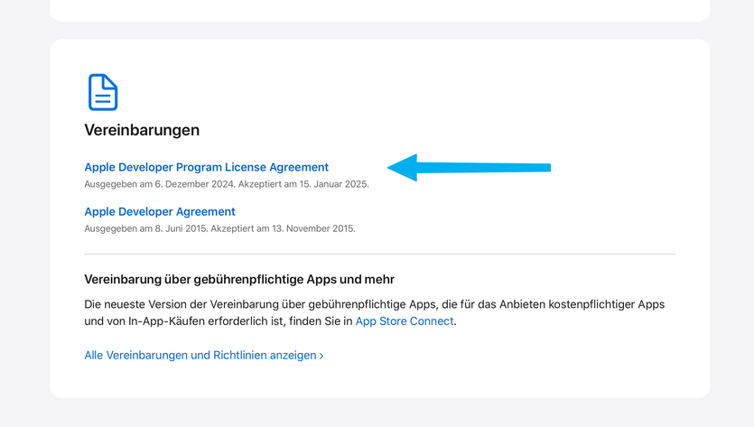 Apple Developer Account: Bereich Vereinbarungen