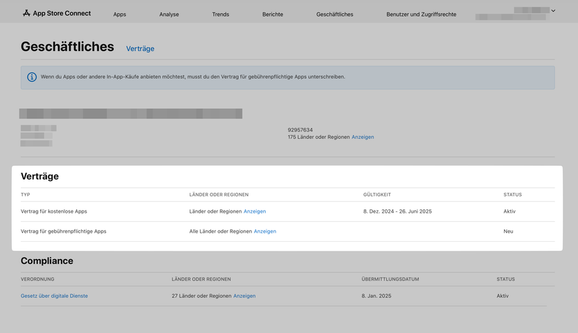 App Store Connect: Bereich Geschäftliches