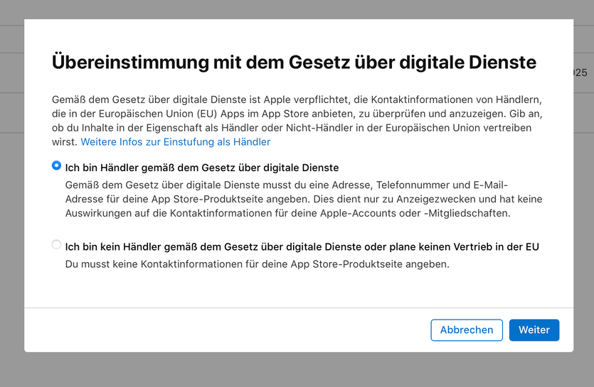 App Store Connect: Angabe als Händler mit Kontaktdaten