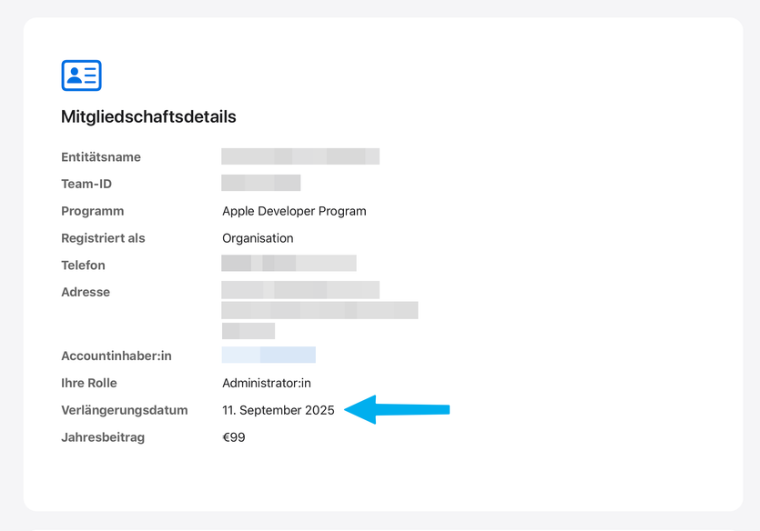 Apple Developer Account: Verlaengerungsdatum der Mitgliedschaft