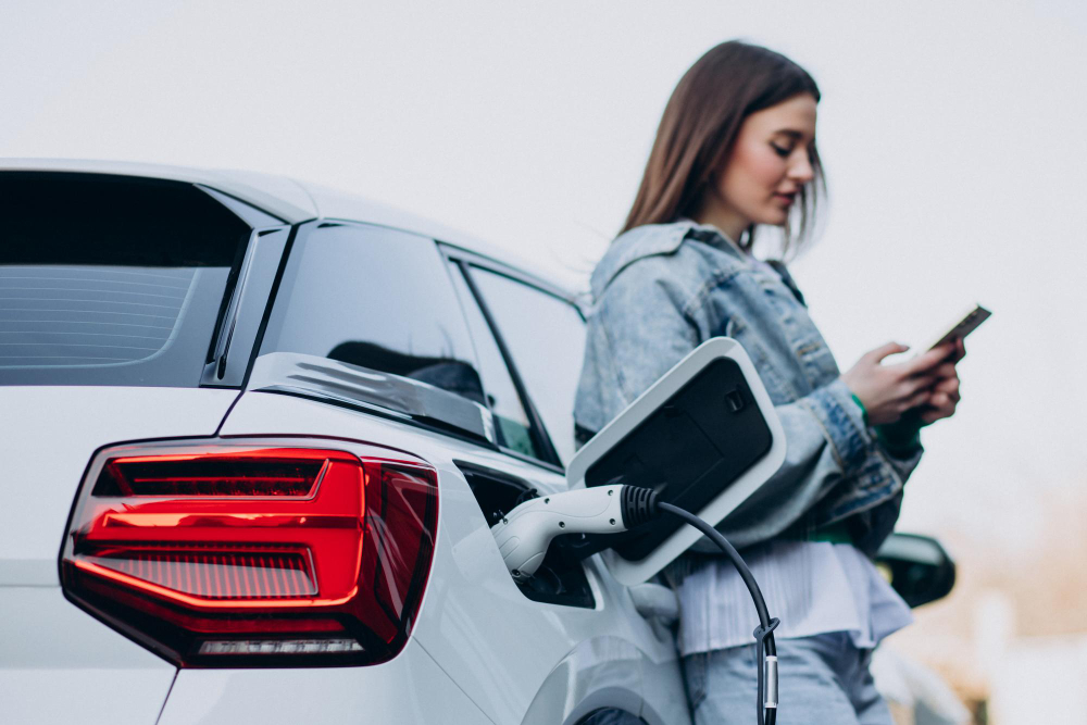 donna al telefono mentre la sua auto elettrica si ricarica