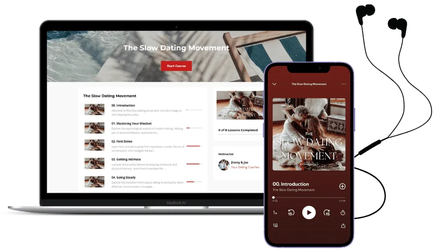 The Slow Dating Movement audio course on laptop and phone