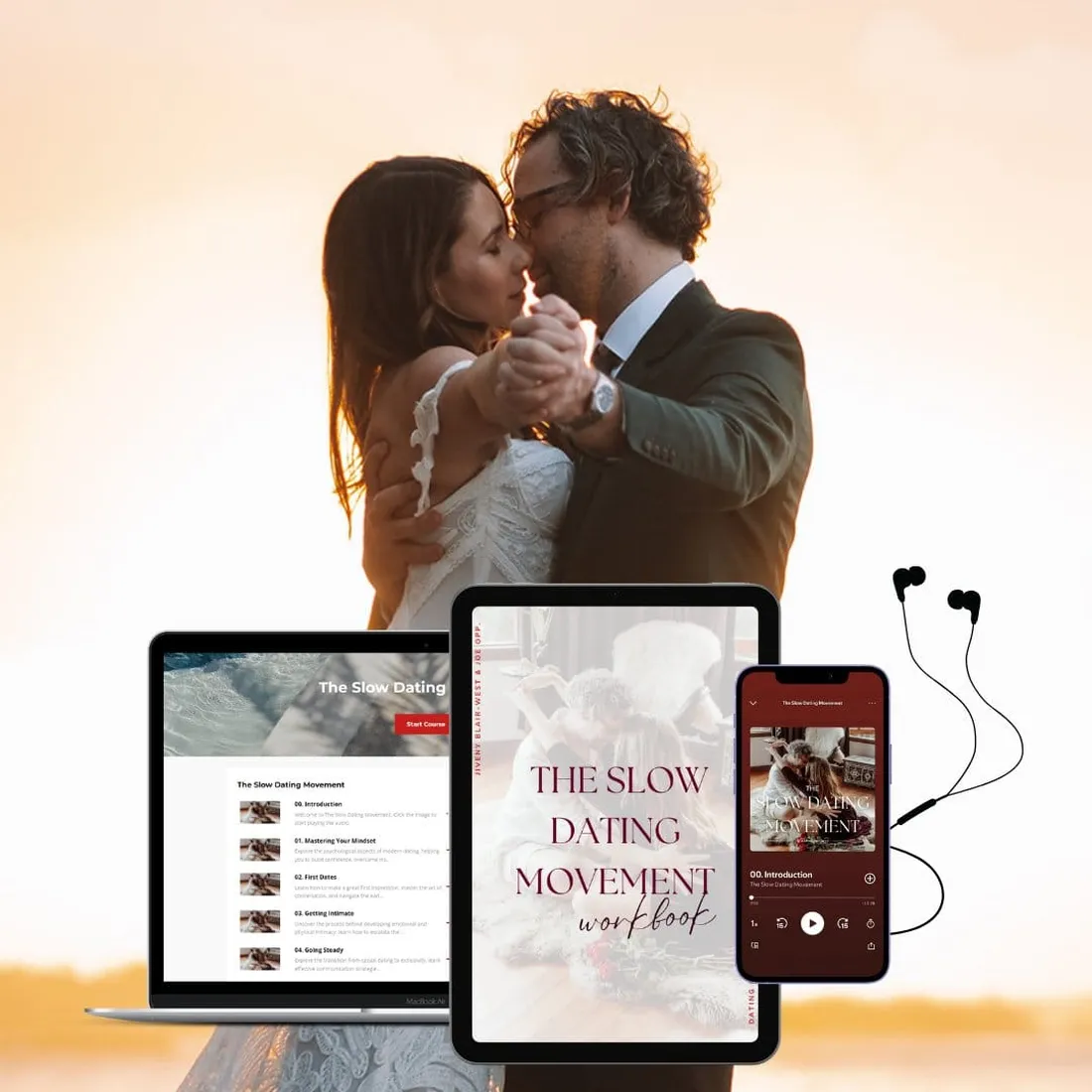 Jiveny and Joe with the Slow Dating Movement audio course on laptop, tablet and phone