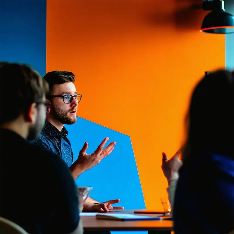 A consultant delivering a workshop, with orange and blue background