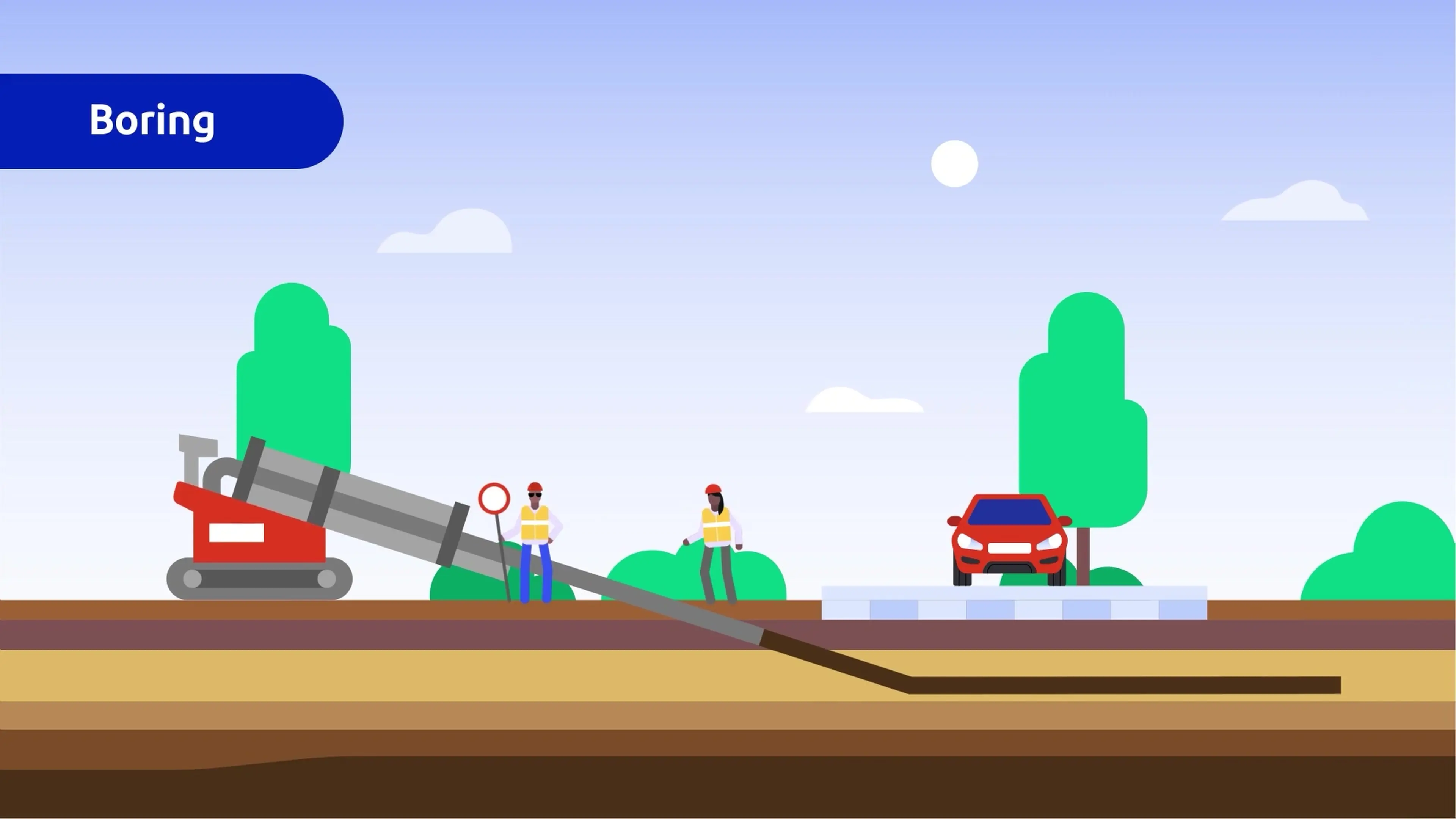 Animated boring machine drilling underground beneath a road in a BGE gas installation explainer