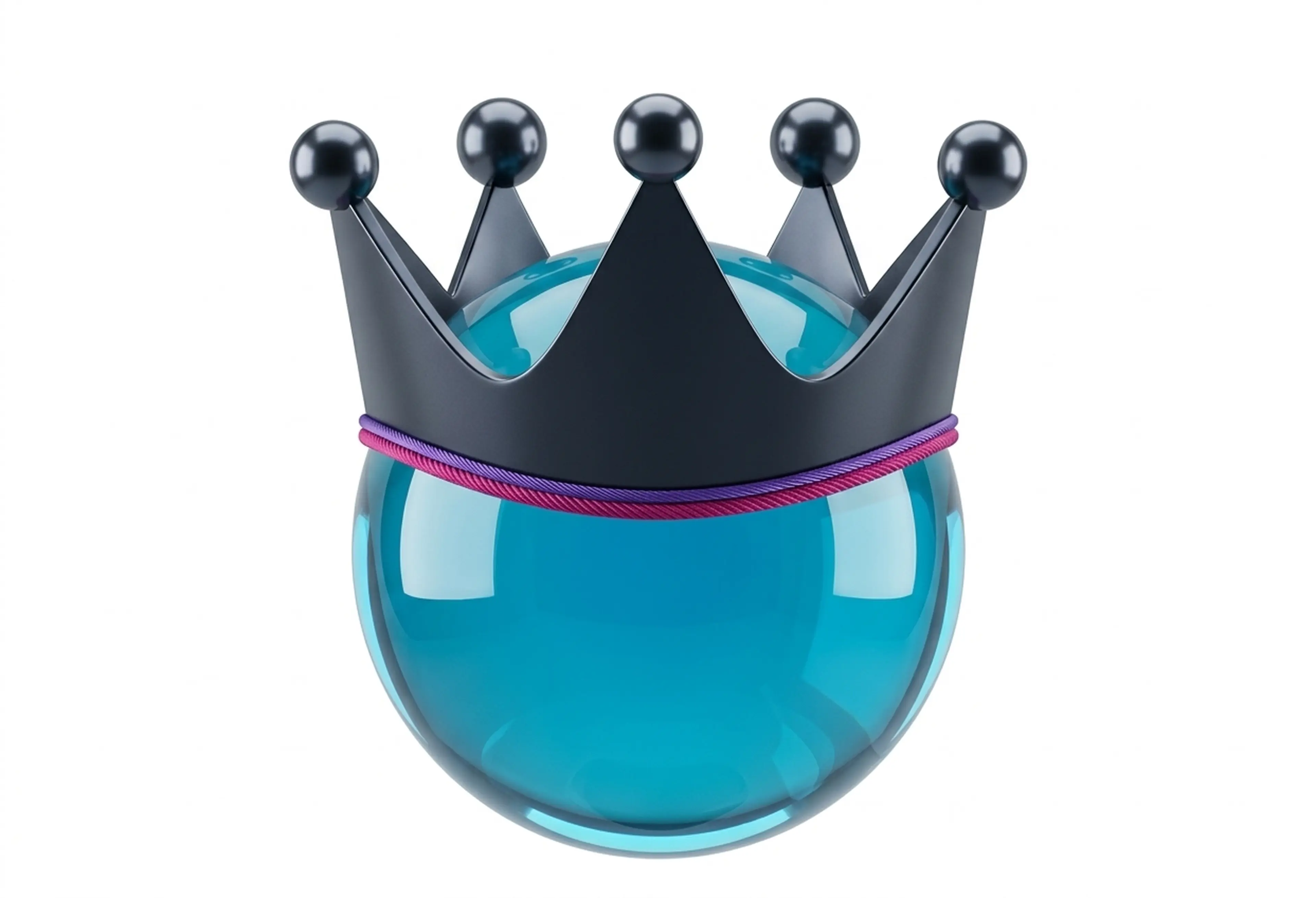 3D teal sphere wearing a dark crown, representing content is king