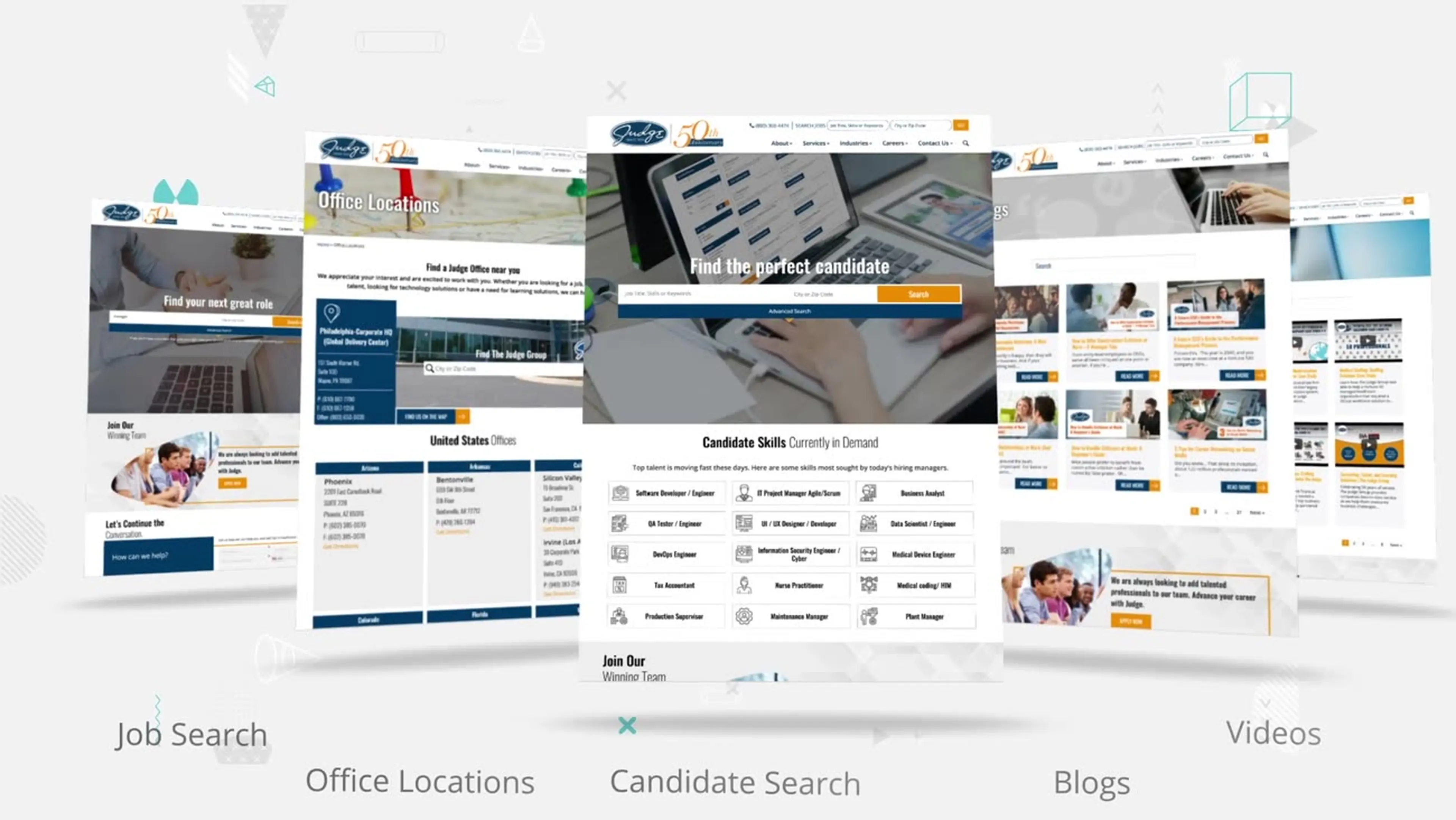 Animated website walkthrough showing Judge Group's job search, office locator, and candidate search pages