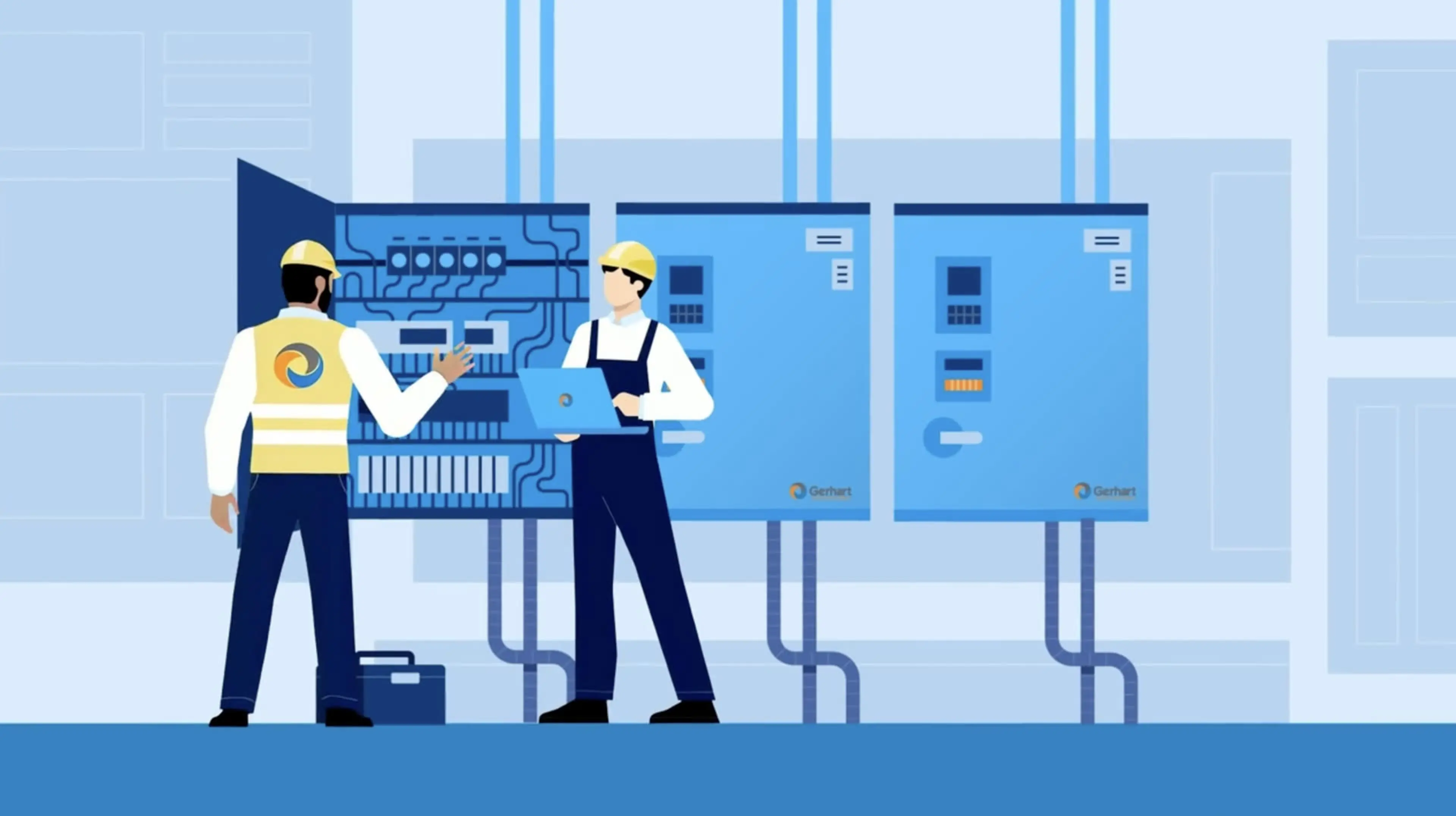 Animated technicians inspecting an electrical control panel in a Motifmotion industrial video for Gerhart