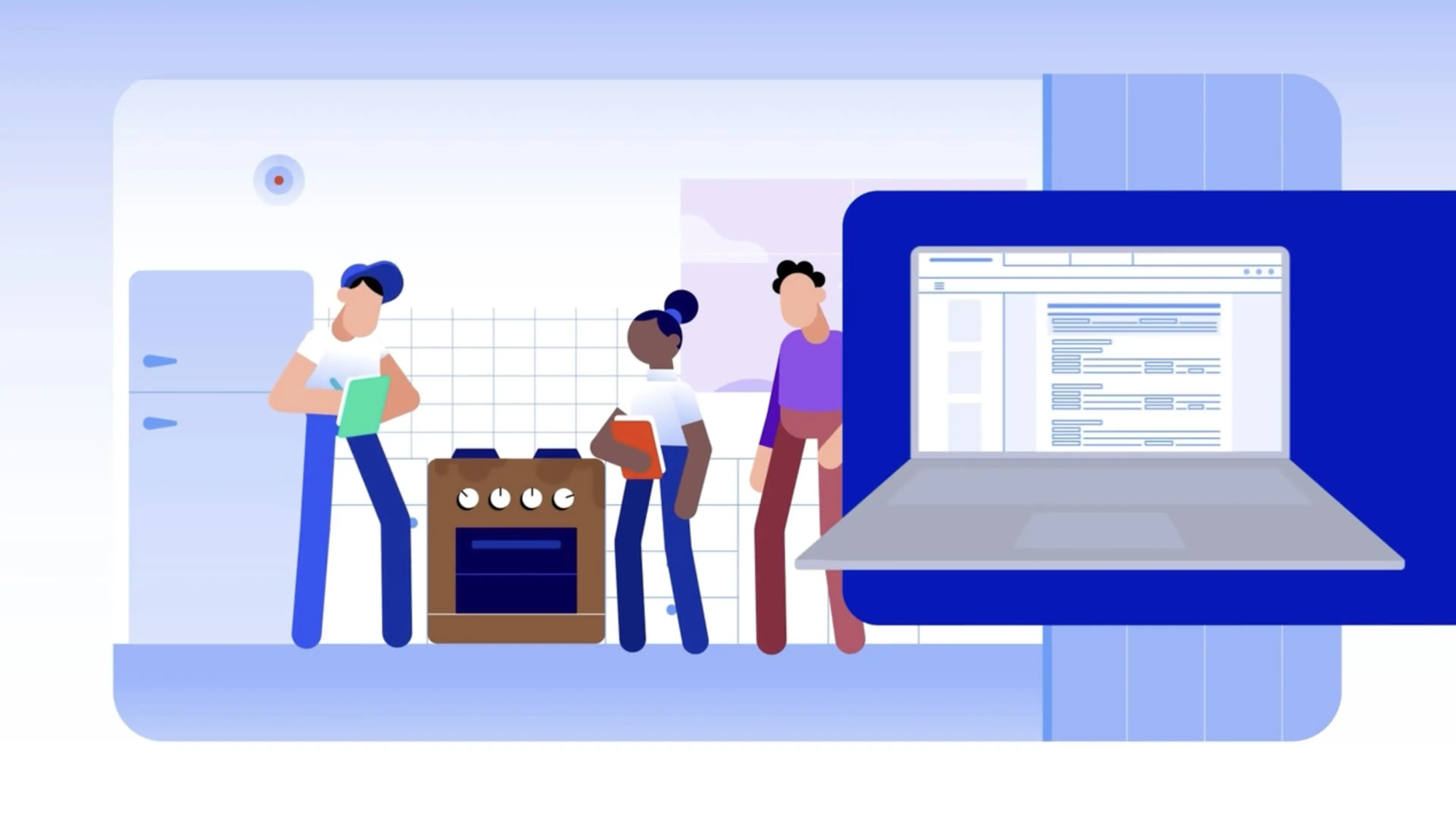 Animated kitchen workers and laptop UI scene from an industrial training video