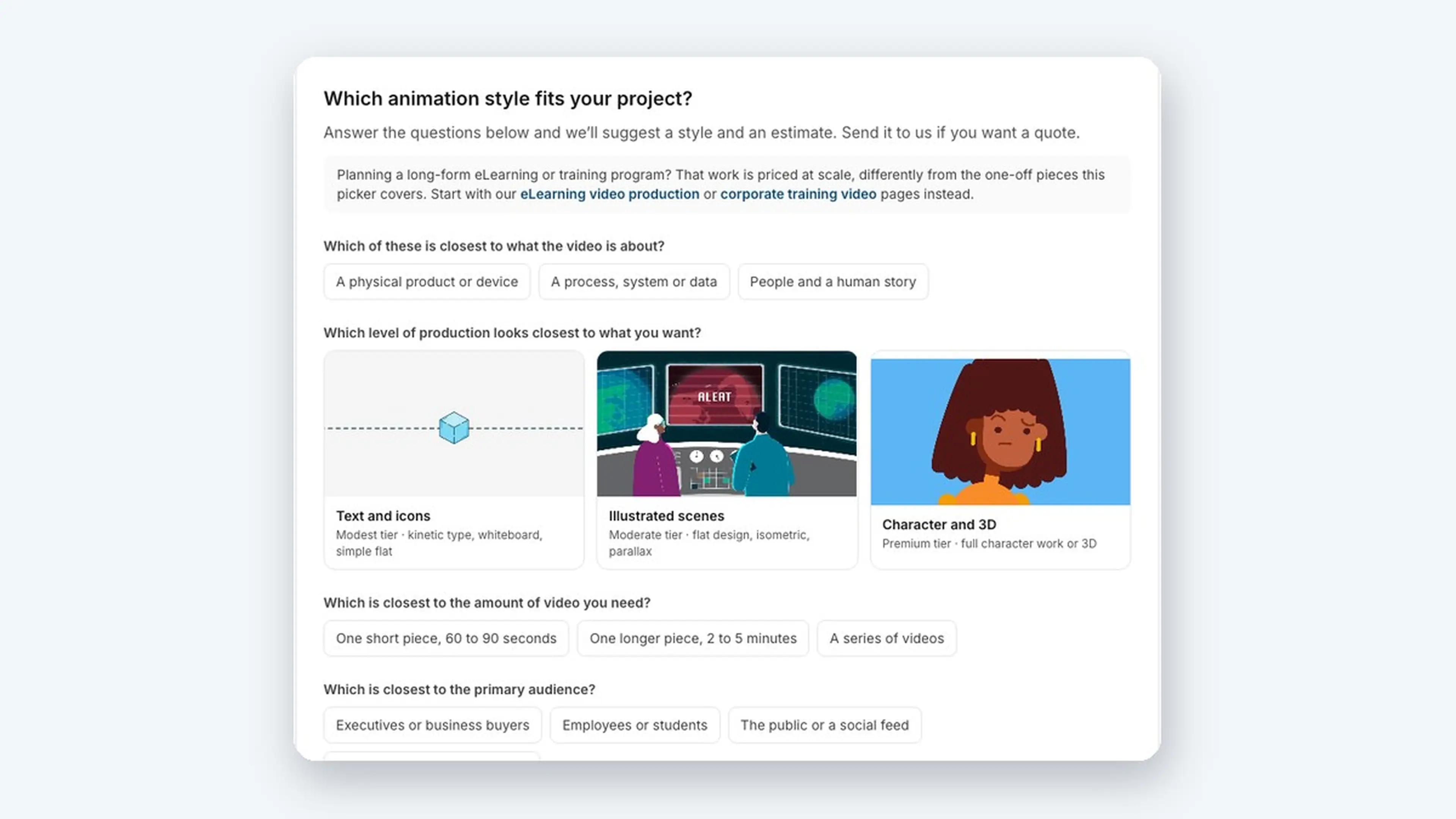 Explainer animation budget calculator showing the three production level cards and the project questions