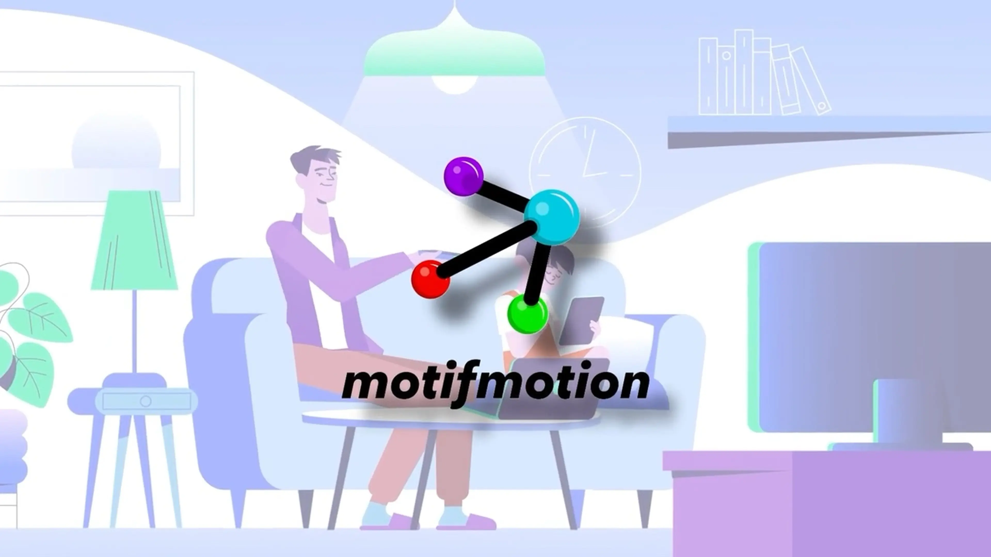 Motifmotion logo forming over an animated living room from the PECO series, the opening of the 2024 demo reel