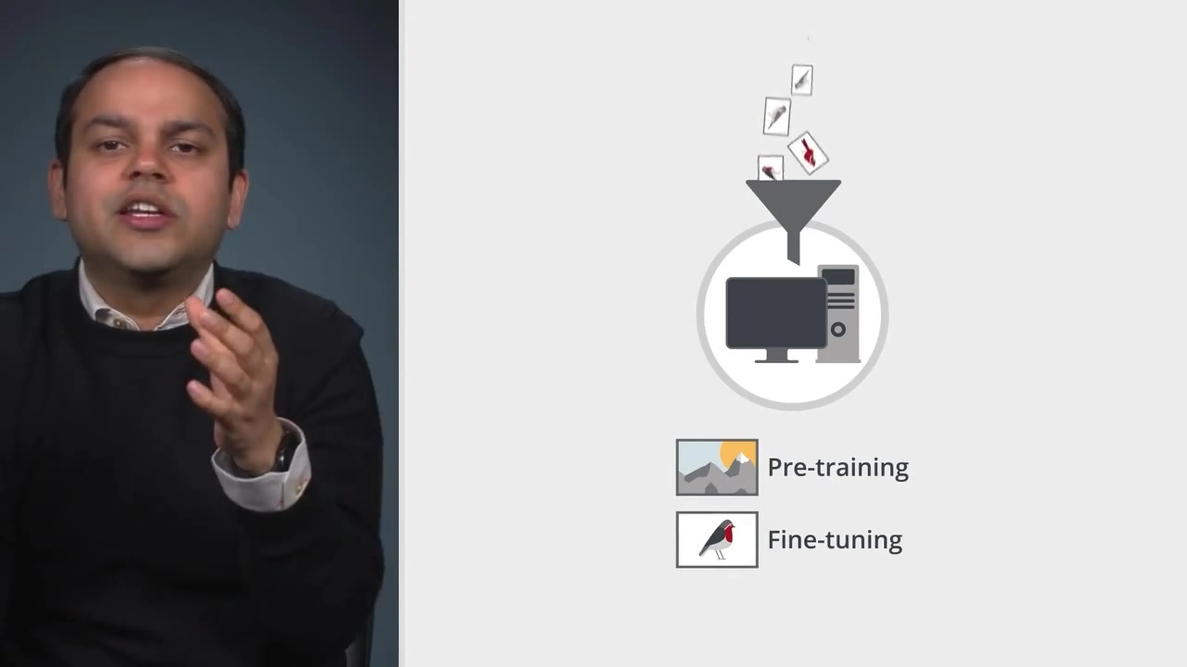 Live-action presenter beside an animated machine-learning diagram in an eCornell training video