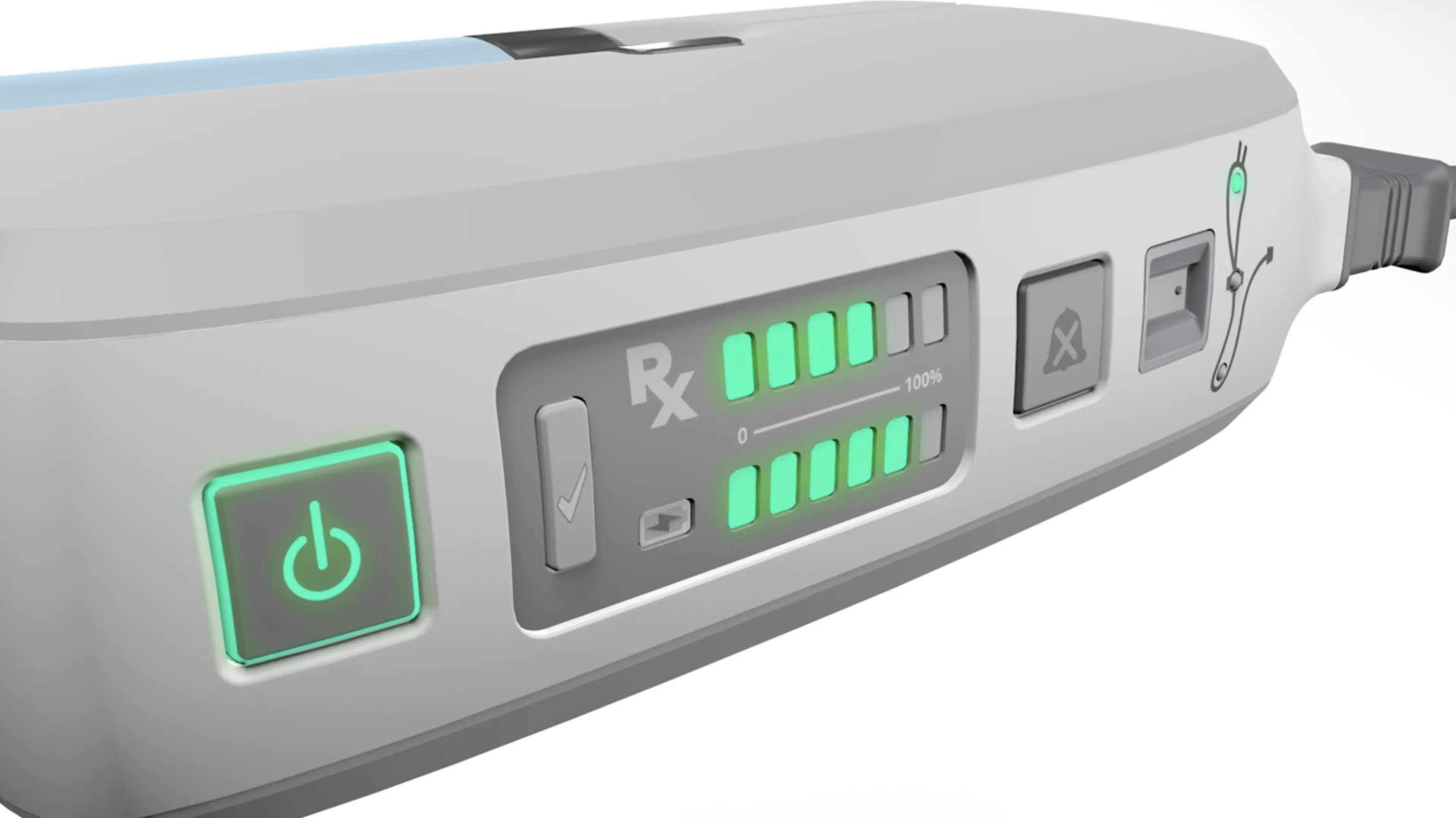 3D animated close-up of a medical device control panel with green LED indicators and Rx label