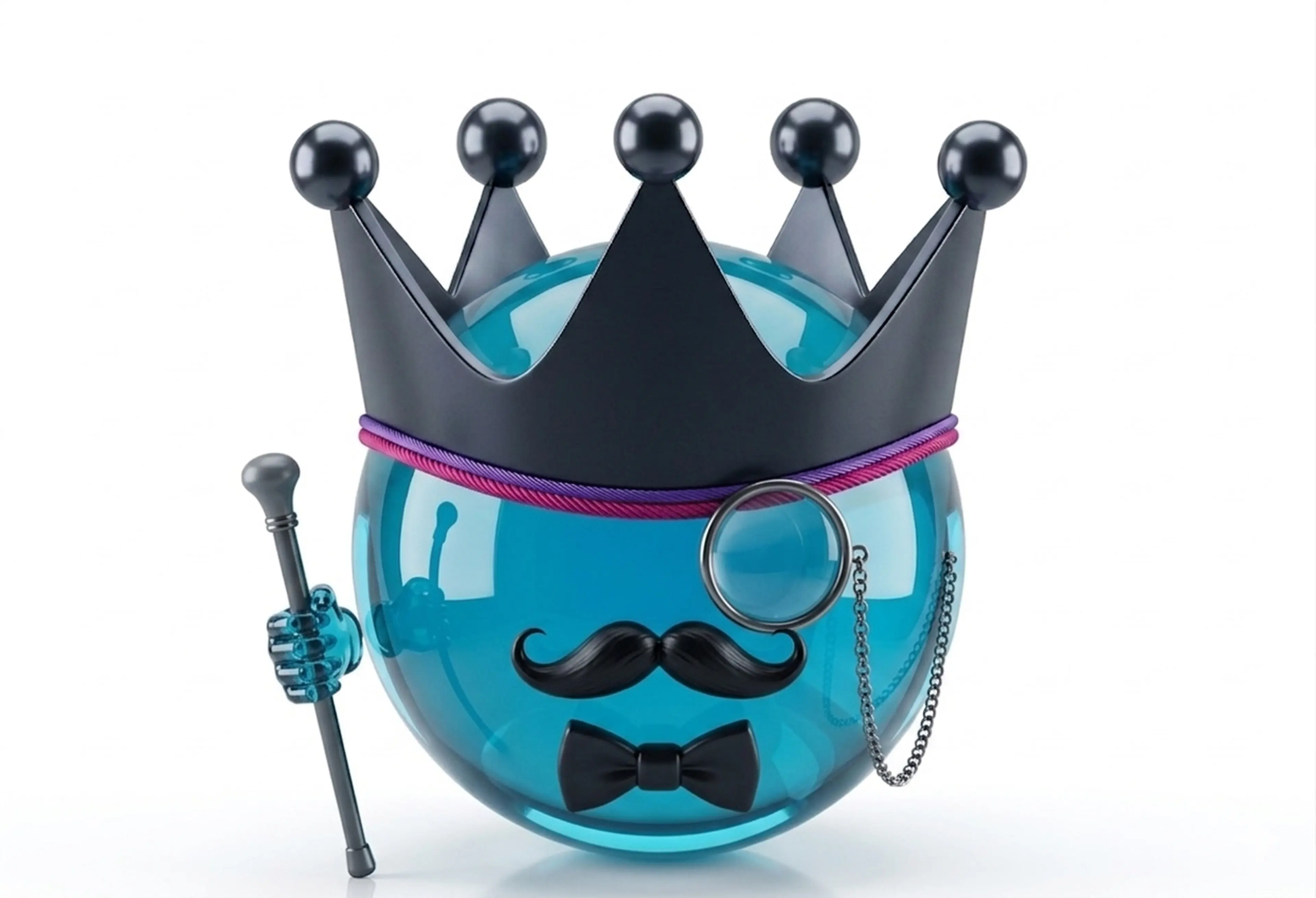 Dapper 3D orb character with crown, monocle, and sceptre — style and presentation matter