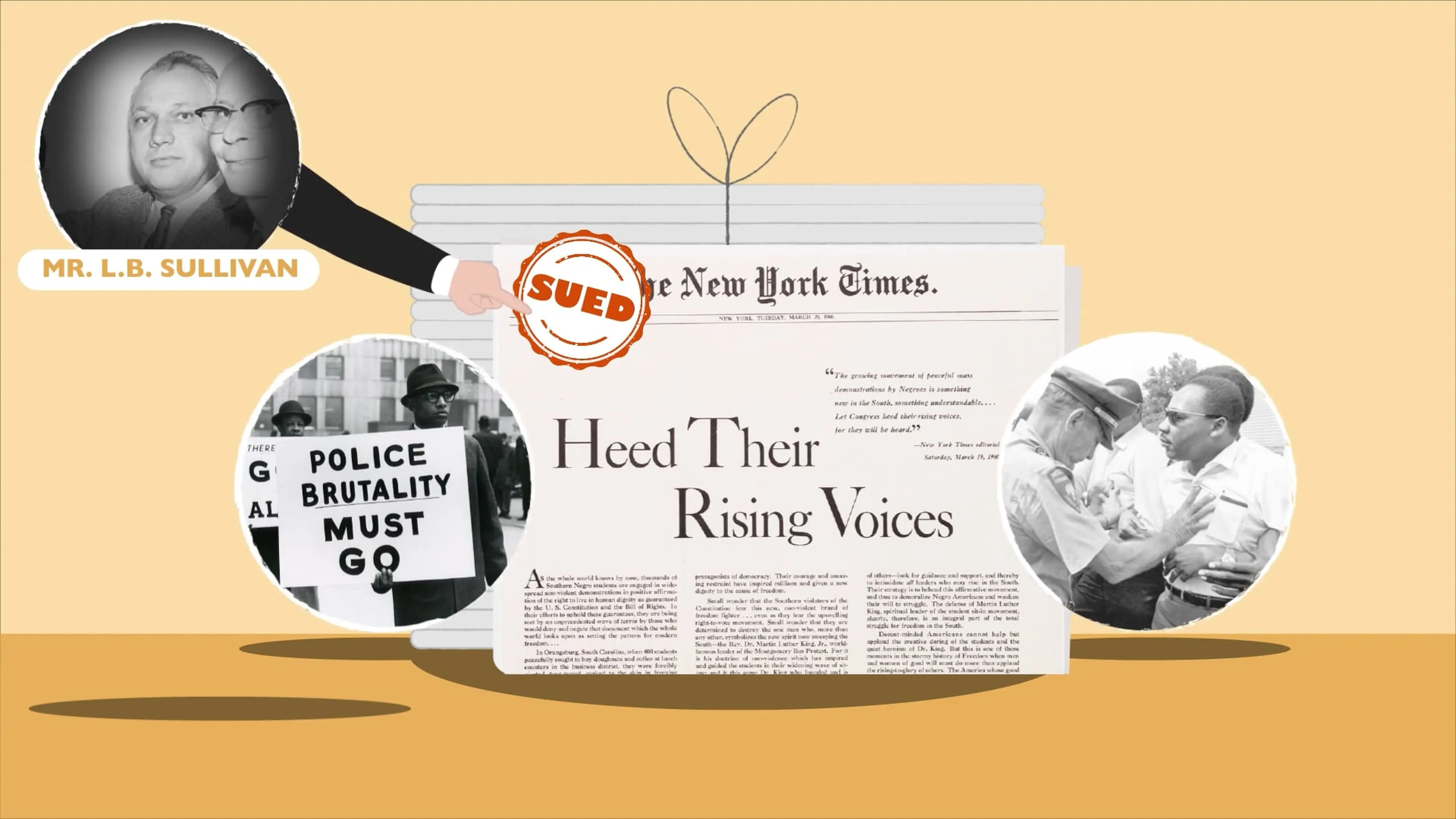 Animated scene depicting L.B. Sullivan's lawsuit against the New York Times, from a PBS-WHYY legal education series