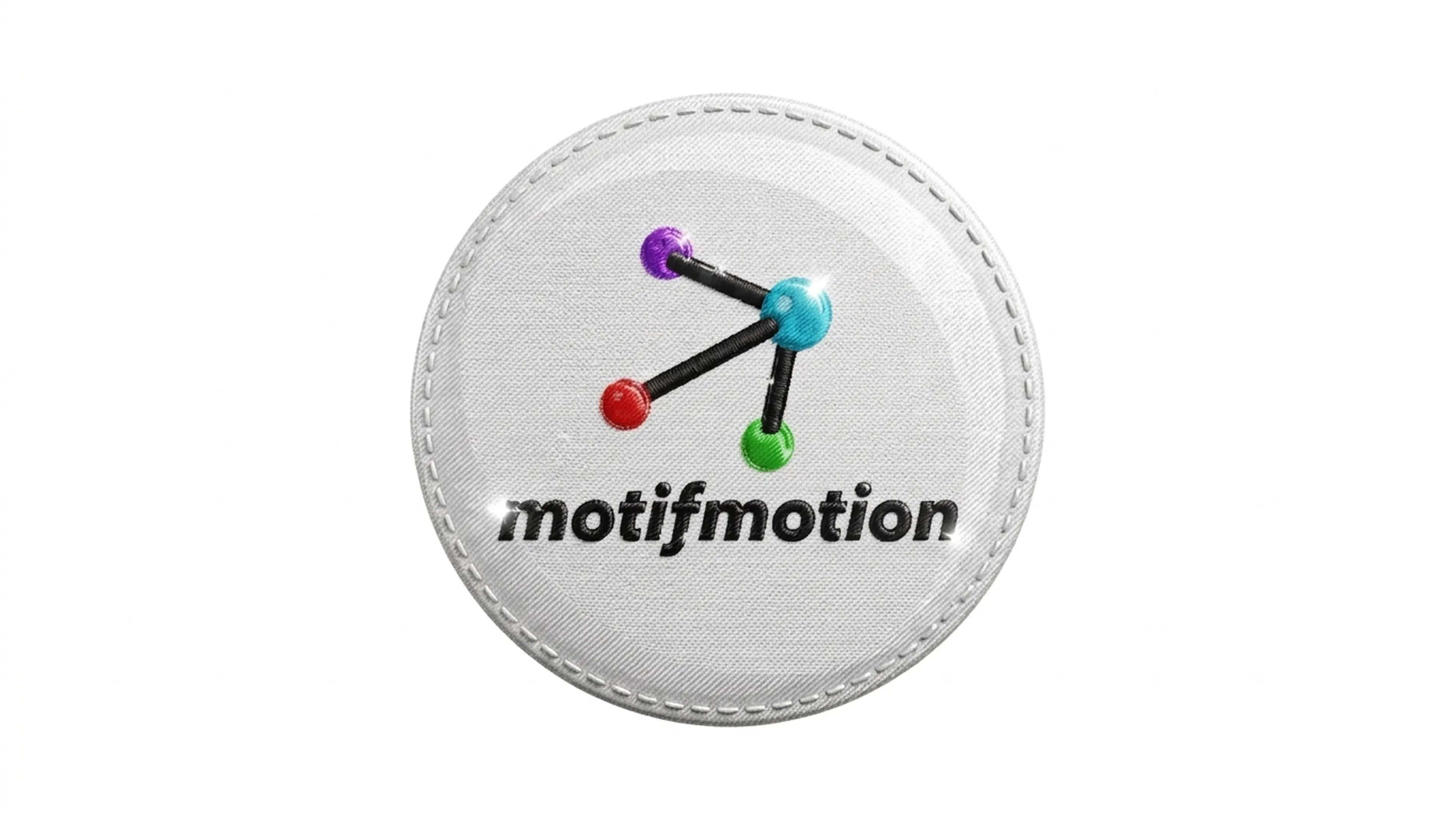 Motifmotion logo embroidered on a circular fabric badge
