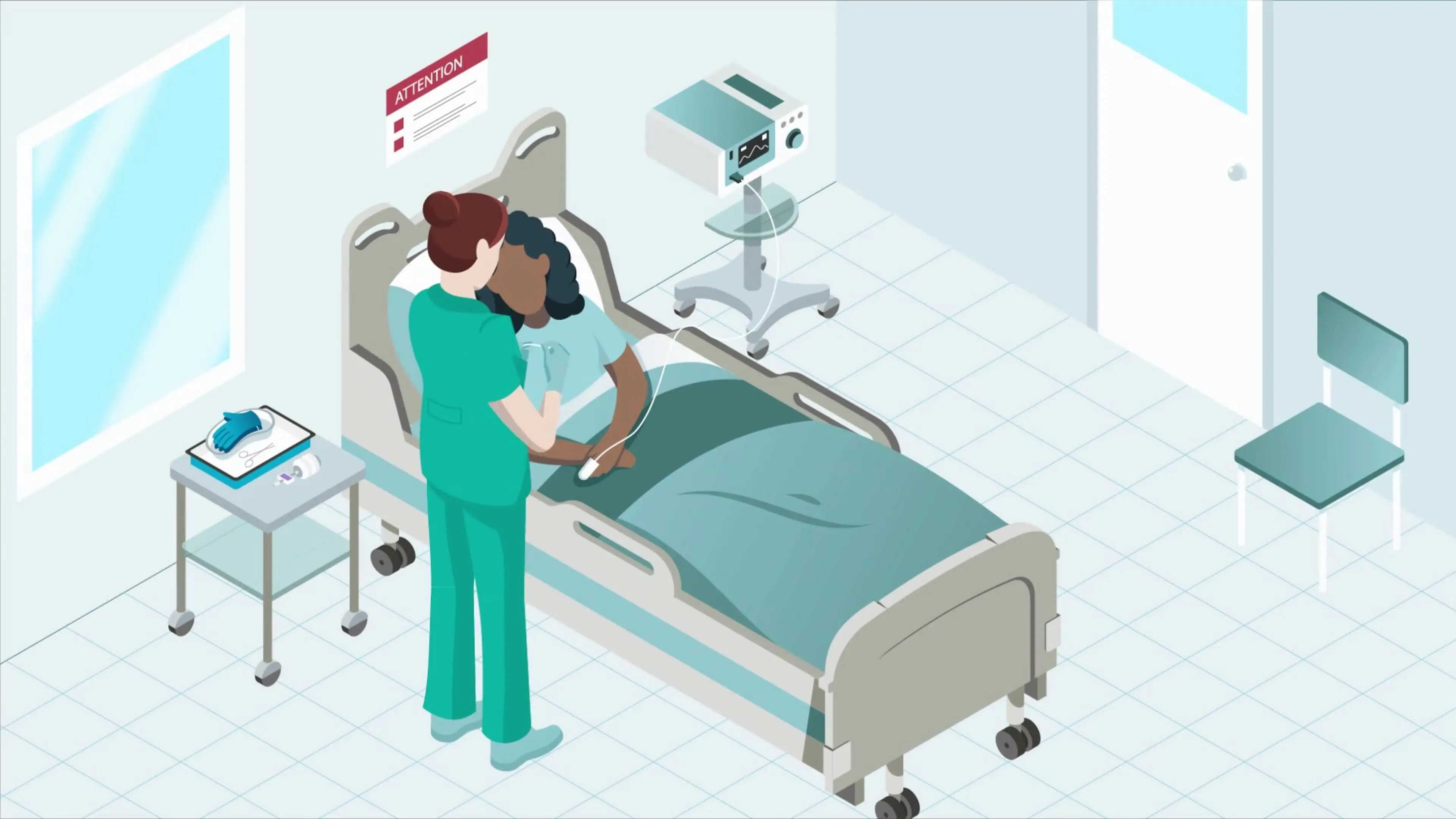 Animated nurse attaching a pulse oximeter to a bedside patient in a clinical procedure video still