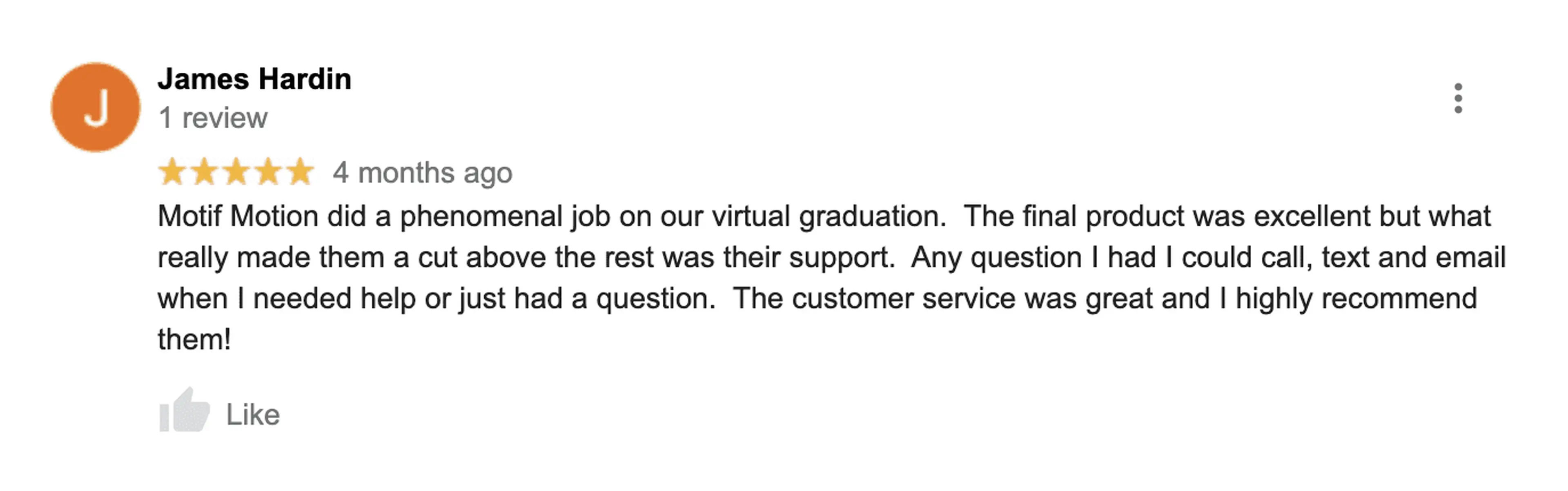 5-star Google review from James Hardin praising virtual graduation quality and customer service