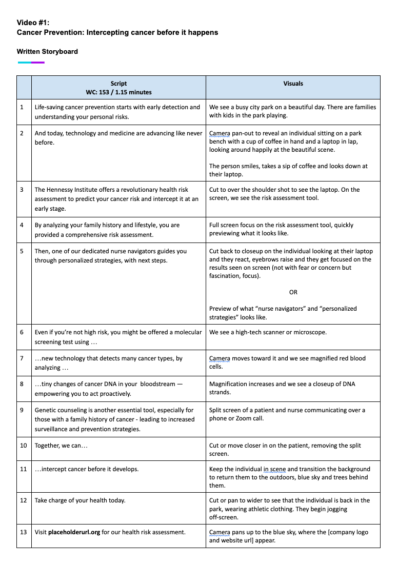 Written storyboard example with script and visual directions for a cancer prevention video