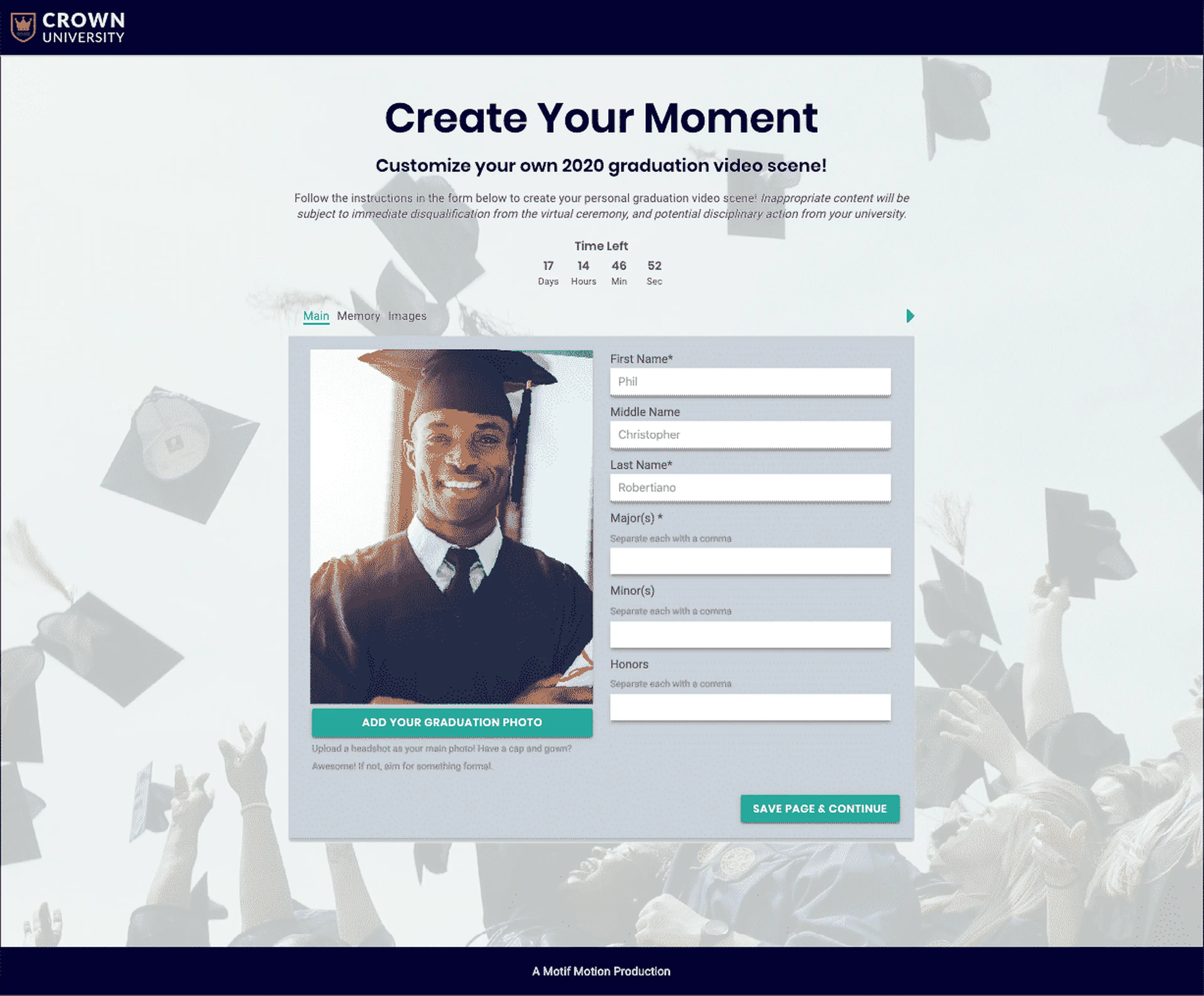 Crown University student portal where graduates personalize their own animated video slide