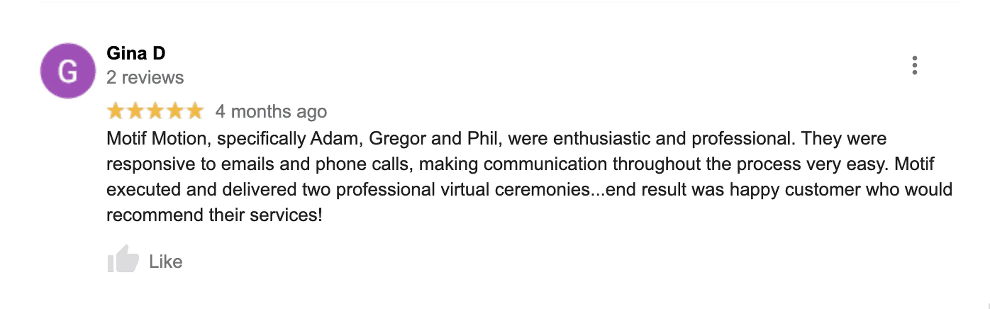 5-star Google review from Gina D praising Motifmotion's virtual ceremony production