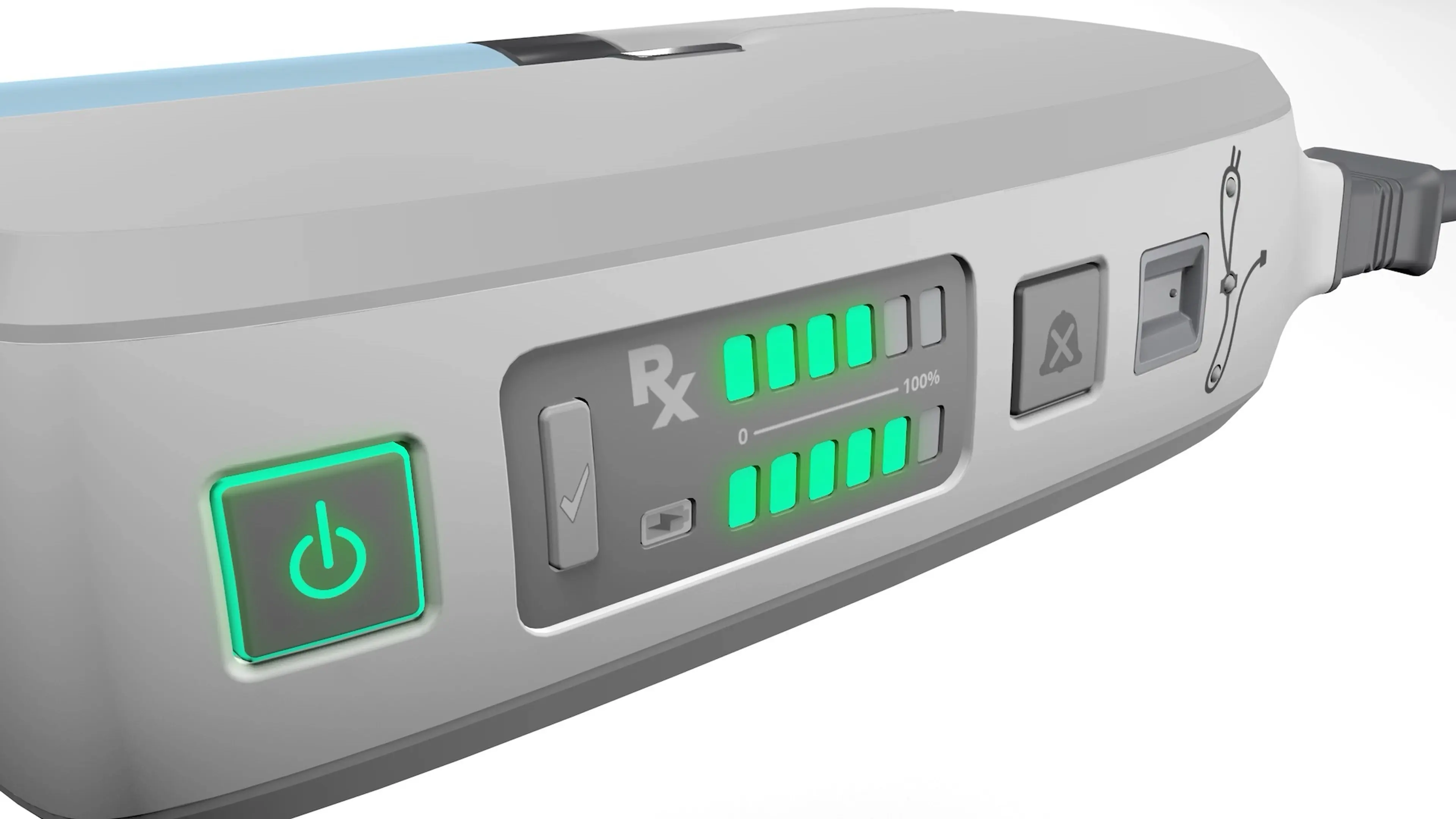 Illuminated control panel of the INOpulse drug-delivery device with a lit power button and green dosage indicators, from a Motifmotion 3D medical device animation